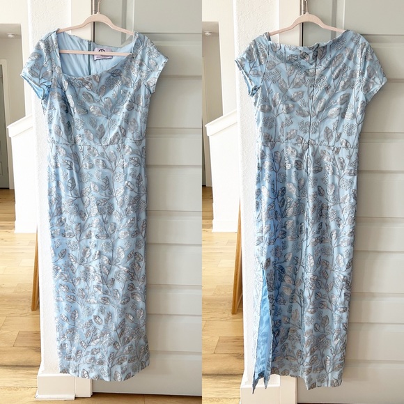 New JS Collections Floral Sequin Embroidered Asymmetric Neck Sheath Gown - Picture 3 of 7